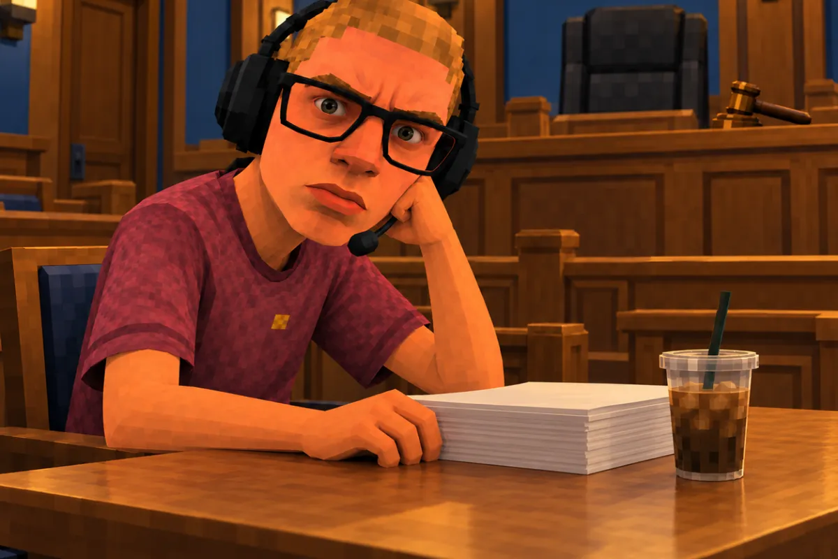 Trencher alone at the plaintiff table in a courtroom, headset still on