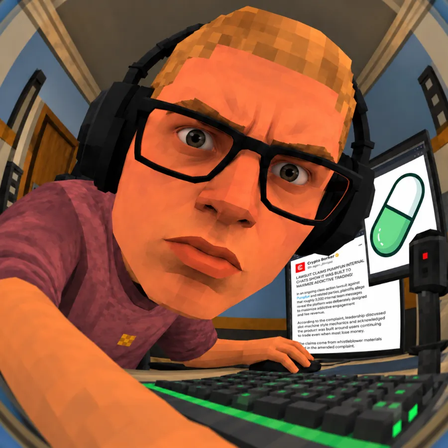 Trencher staring into the camera, the lawsuit open on his monitor